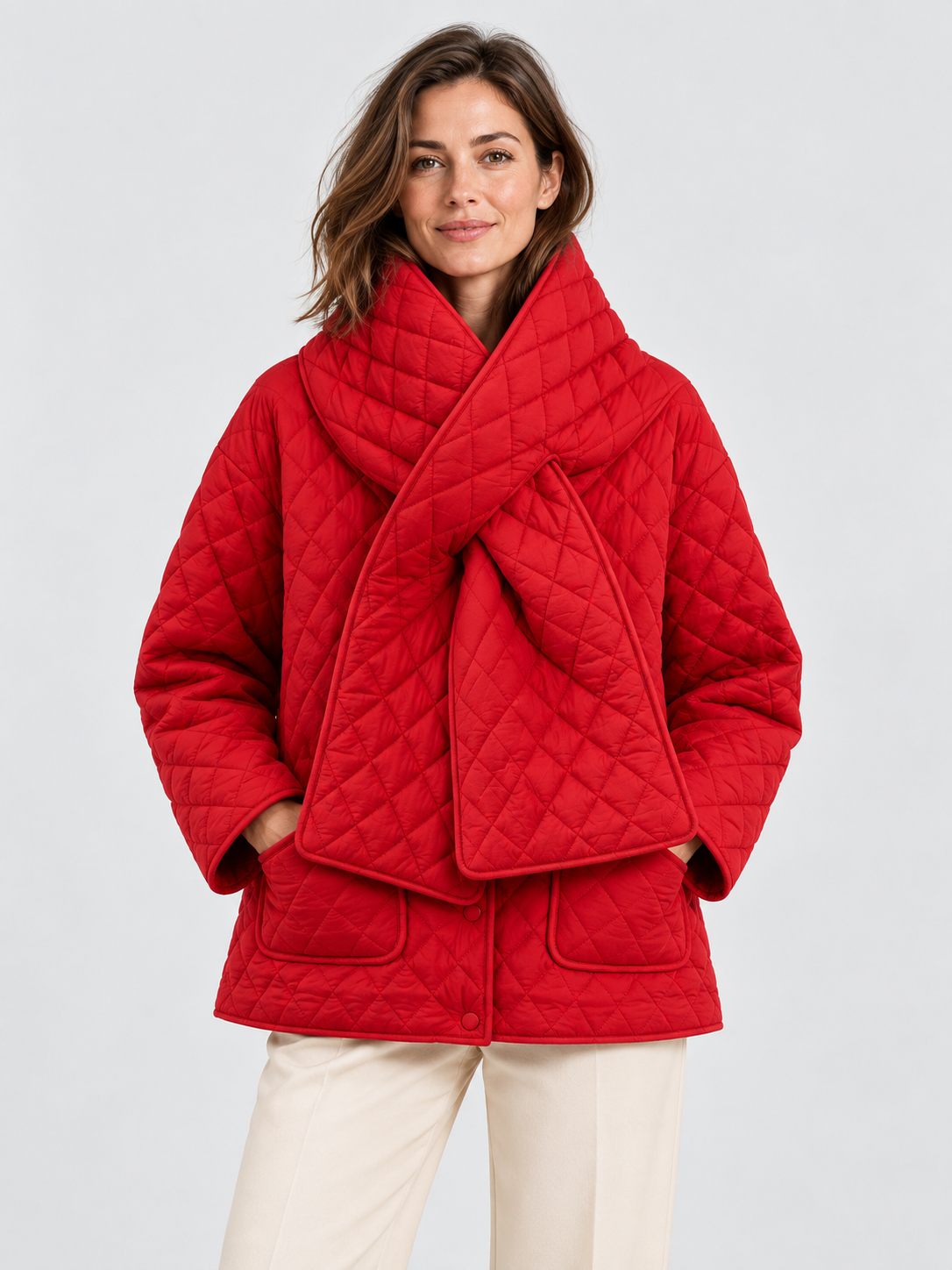 Women's Button-Front Padded Parka Jacket with Detachable Scarf Collar