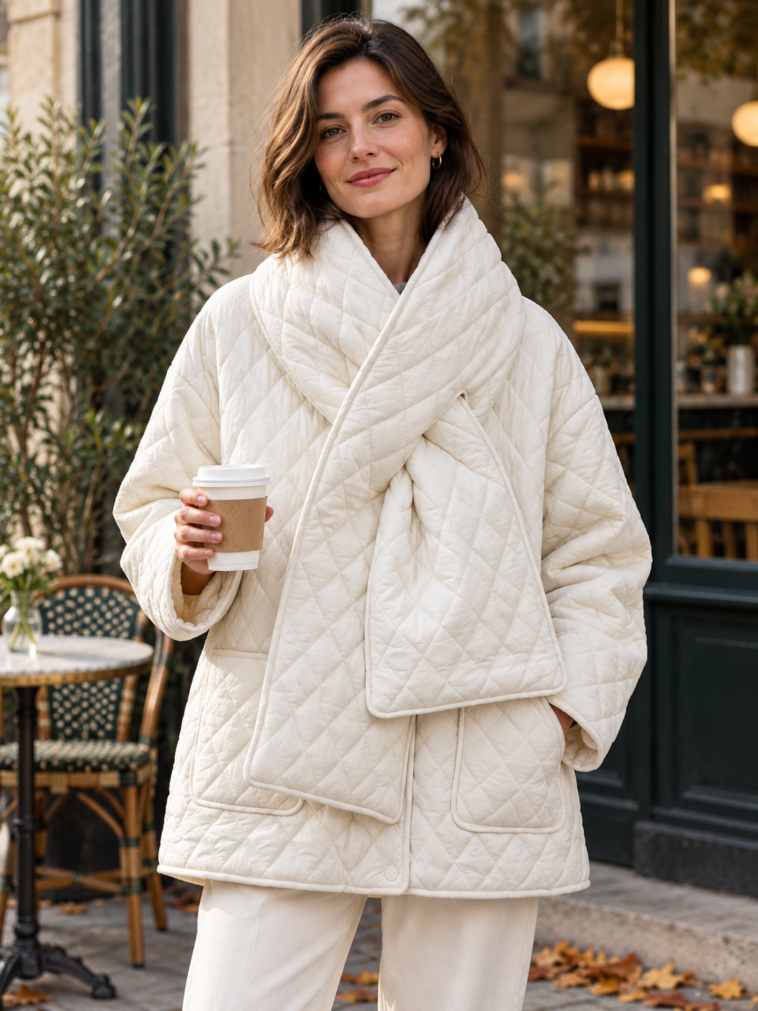 Women's Button-Front Padded Parka Jacket with Detachable Scarf Collar