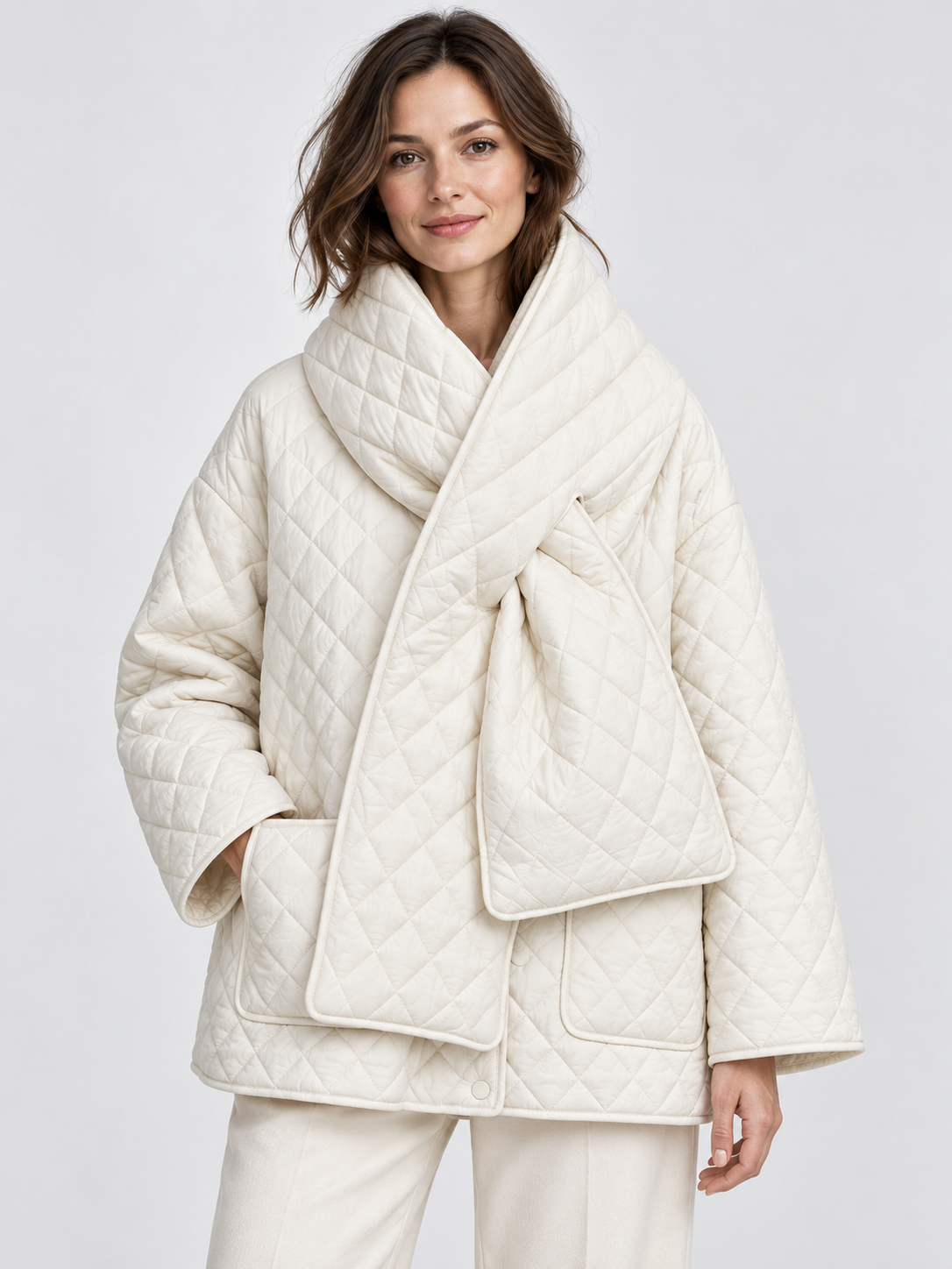 Women's Button-Front Padded Parka Jacket with Detachable Scarf Collar