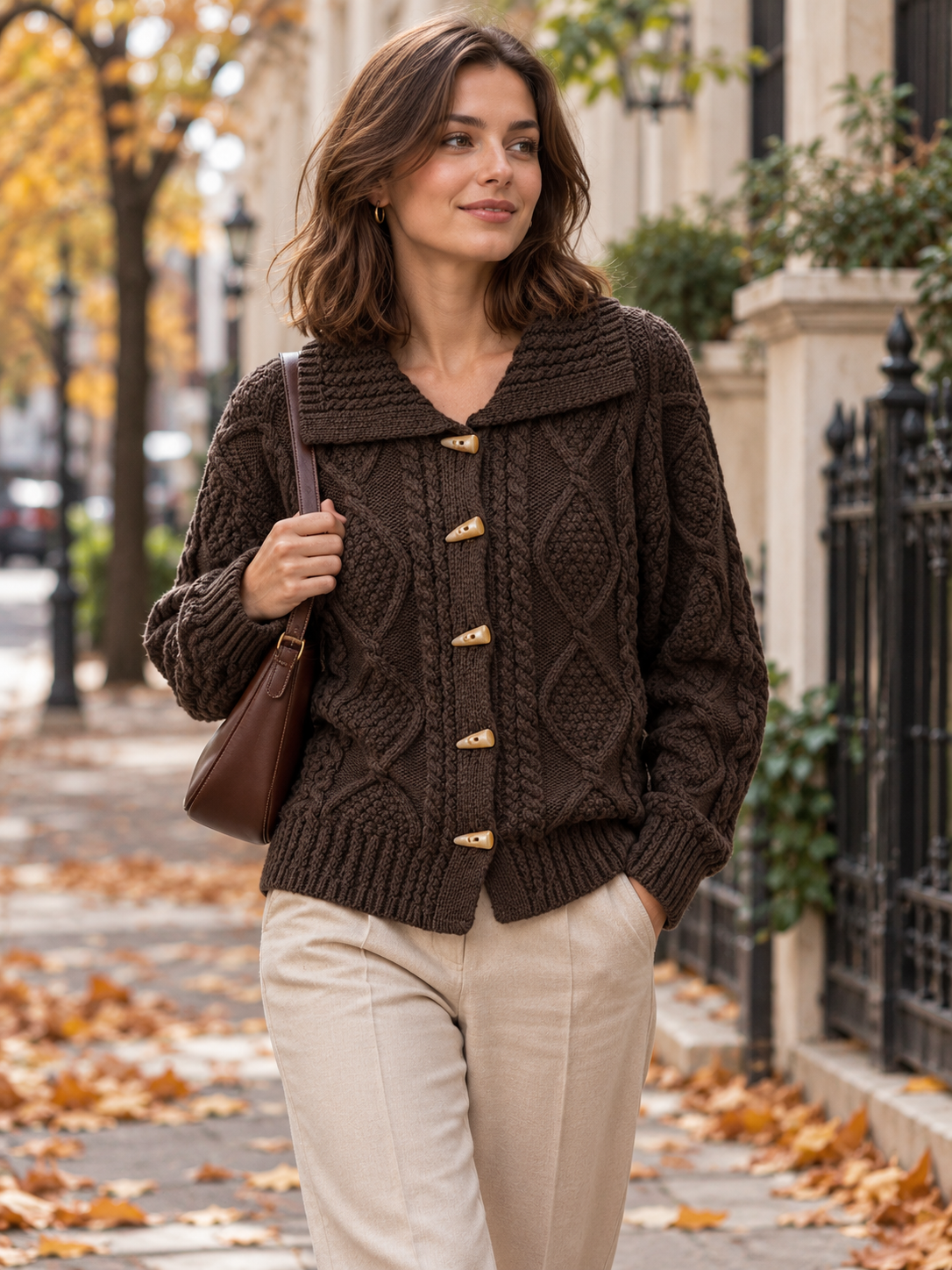 Women's Cable Knit Toggle Button Shawl-Collar Cardigan