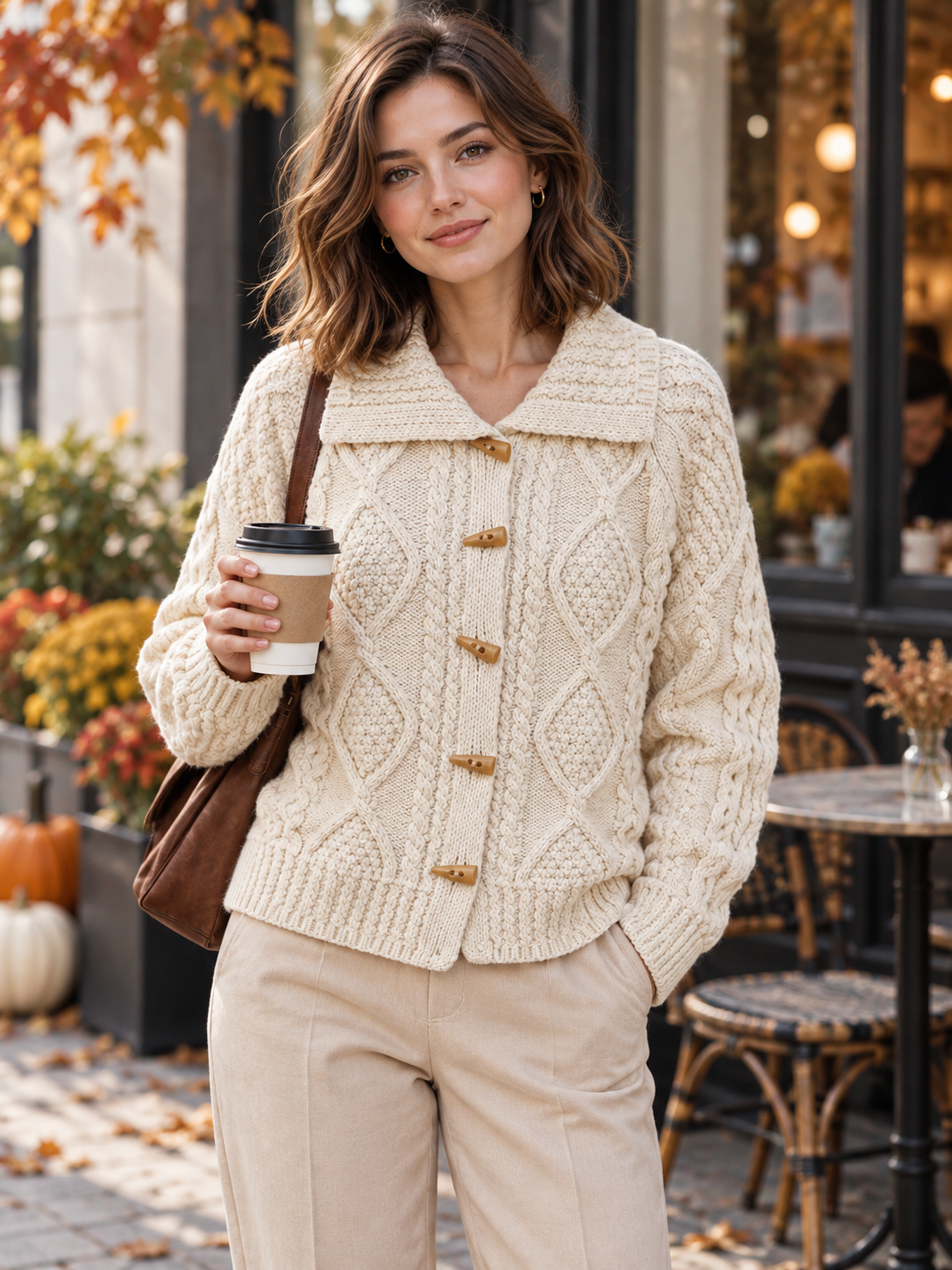 Women's Cable Knit Toggle Button Shawl-Collar Cardigan
