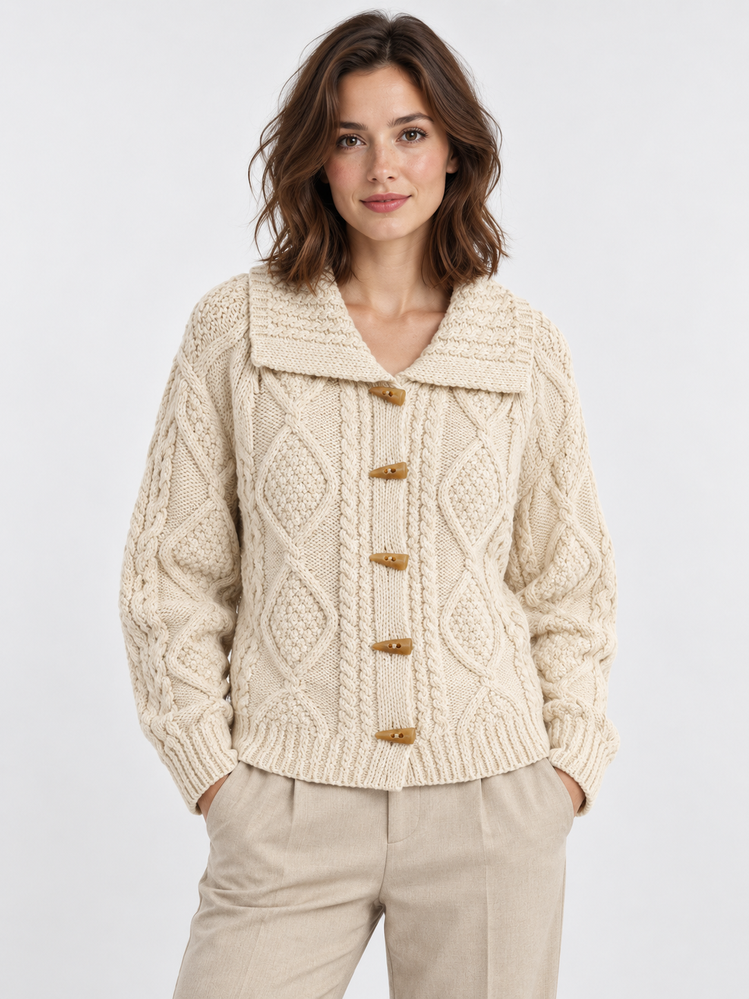 Women's Cable Knit Toggle Button Shawl-Collar Cardigan