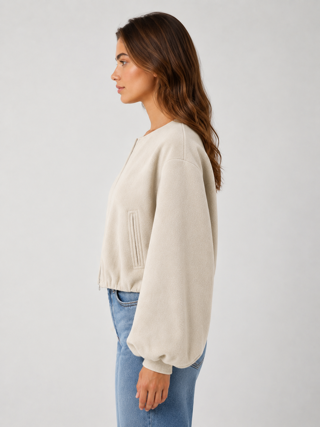 Women’s Collarless Bomber Jacket with Balloon Sleeves