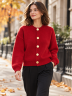 Women's Crew-Neck Large Button Short Cardigan