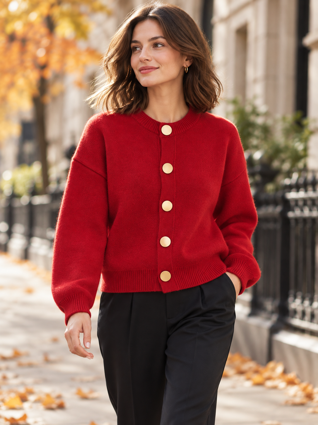 Women's Crew-Neck Large Button Short Cardigan