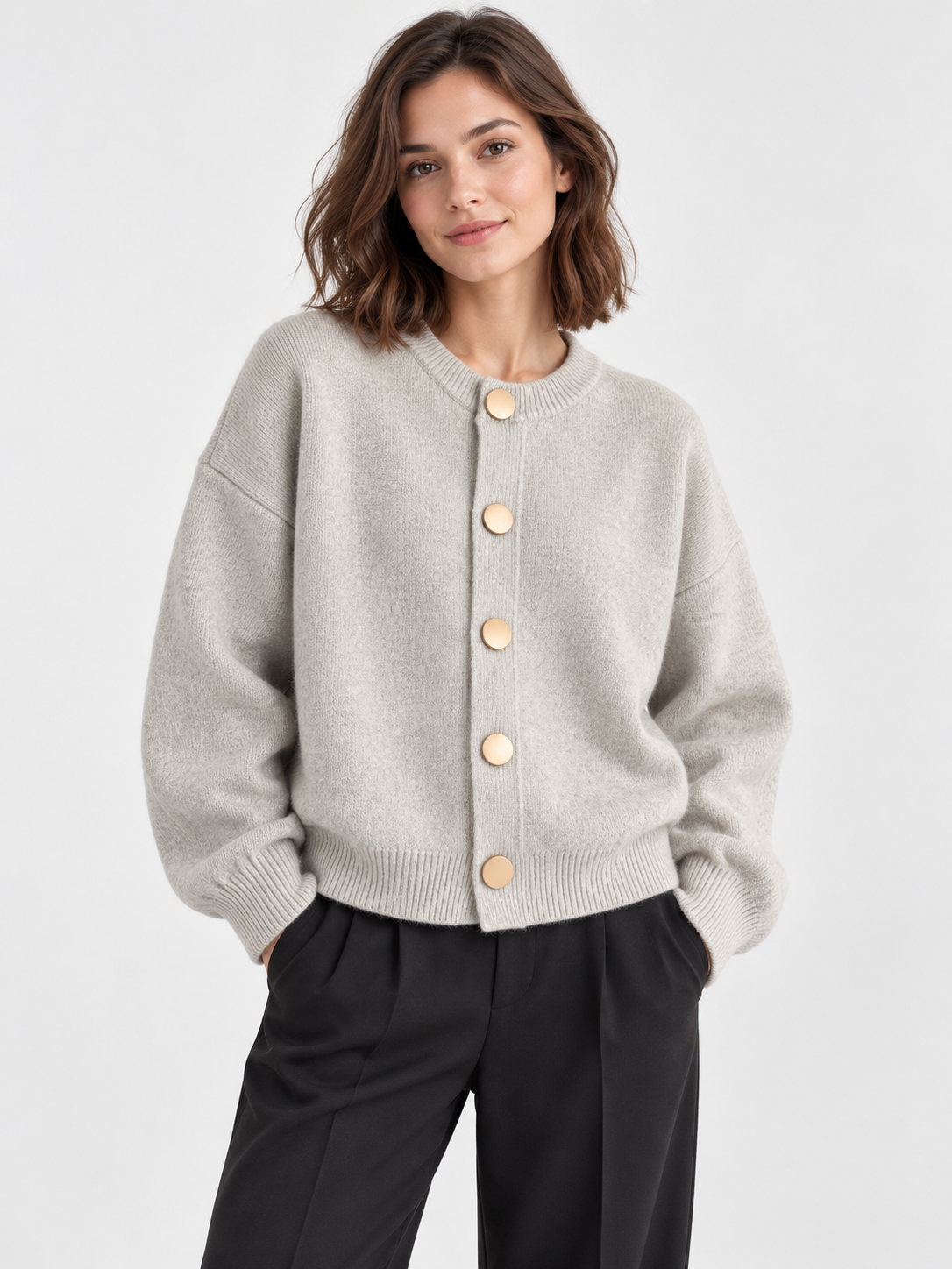 Women's Crew-Neck Large Button Short Cardigan