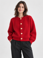 Women's Crew-Neck Large Button Short Cardigan