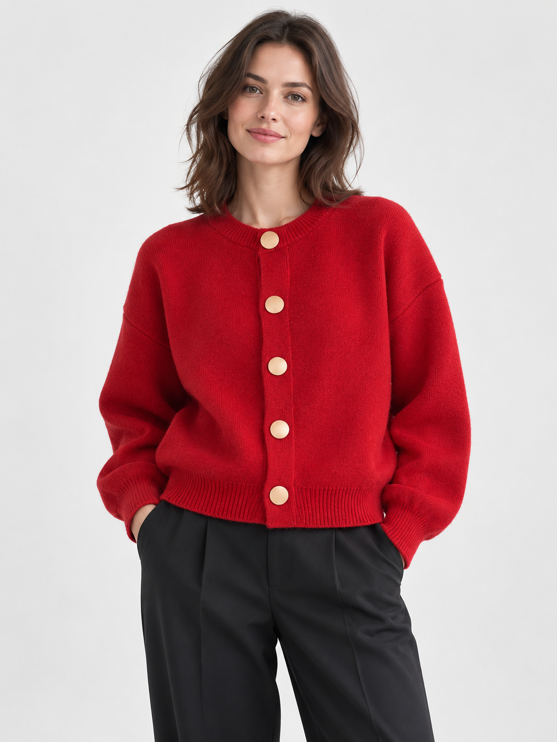 Women's Crew-Neck Large Button Short Cardigan