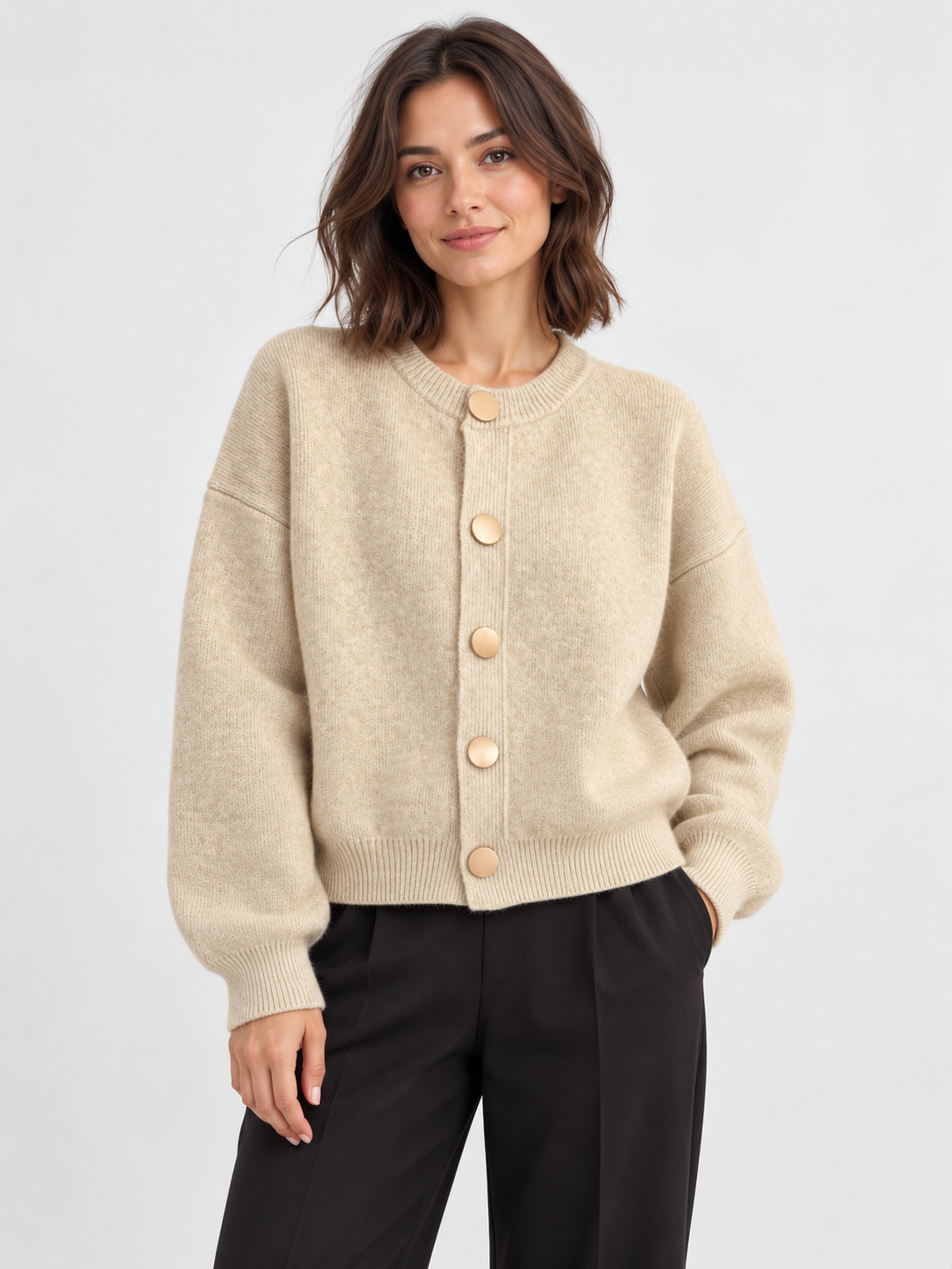 Women's Crew-Neck Large Button Short Cardigan