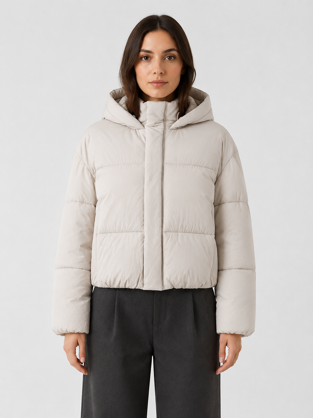 Women’s Cropped Hooded Puffer Jacket with Front Zip