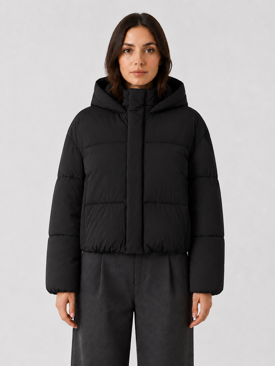 Women’s Cropped Hooded Puffer Jacket with Front Zip
