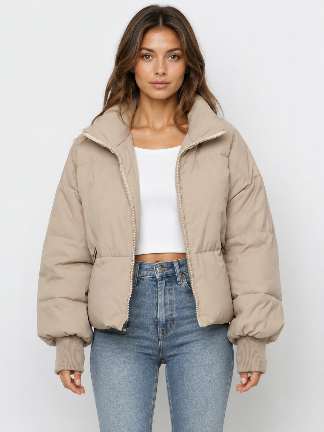 Women’s Cropped Puffer Jacket with High Collar