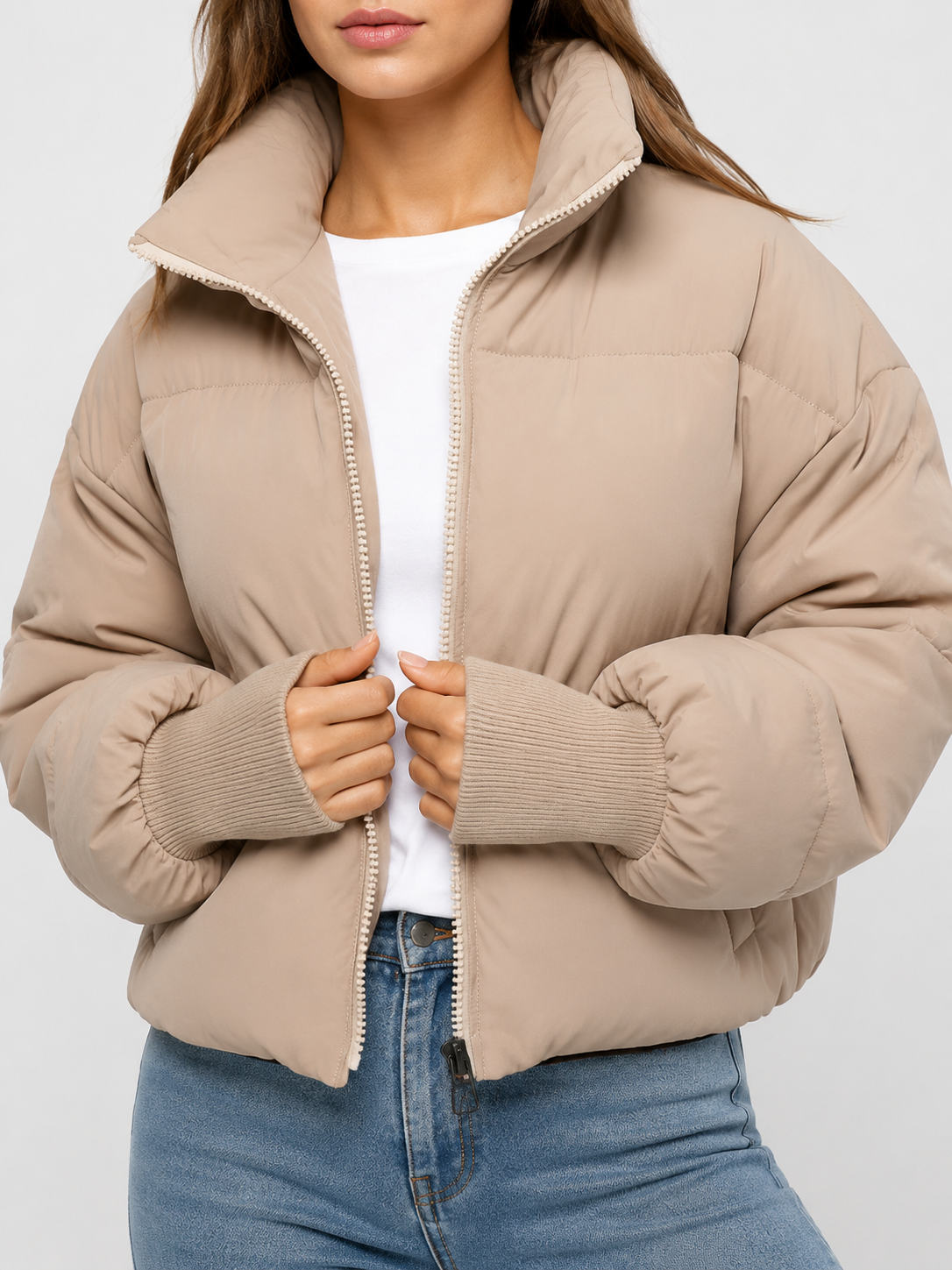 Women’s Cropped Puffer Jacket with High Collar
