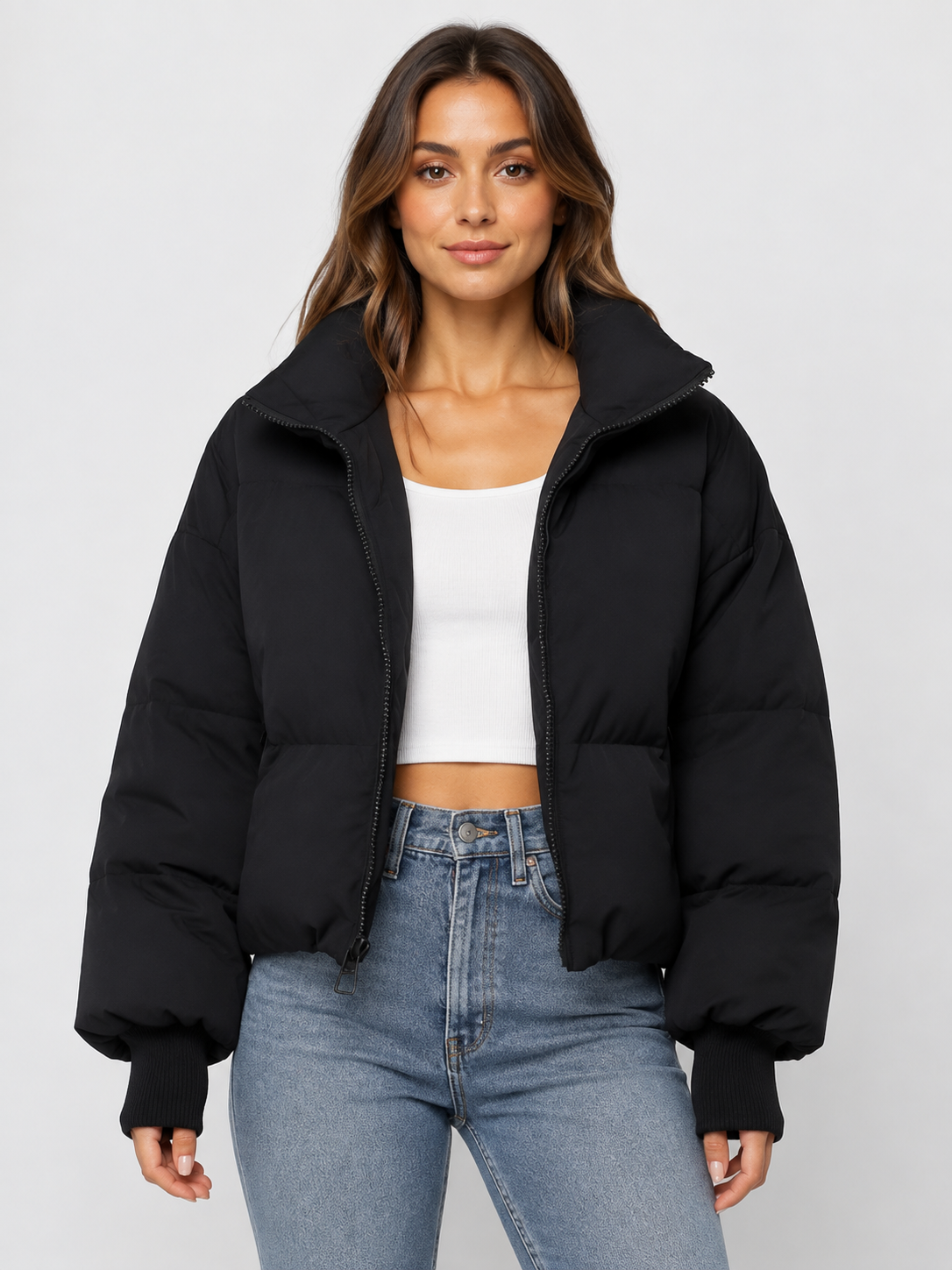 Women’s Cropped Puffer Jacket with High Collar