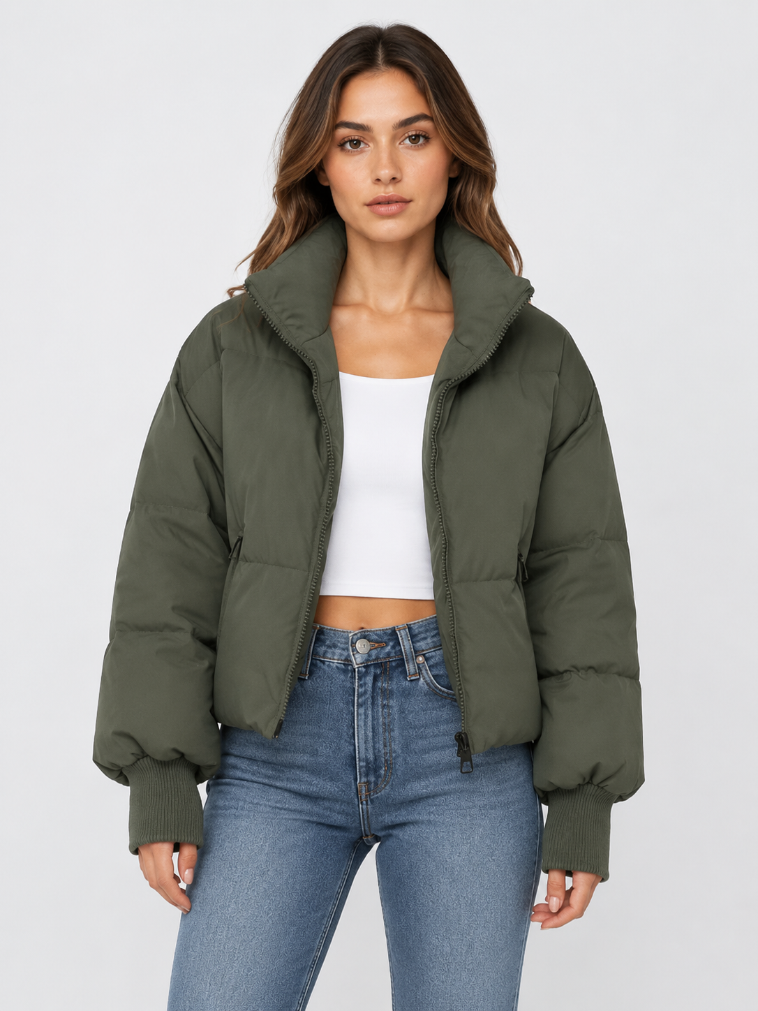 Women’s Cropped Puffer Jacket with High Collar
