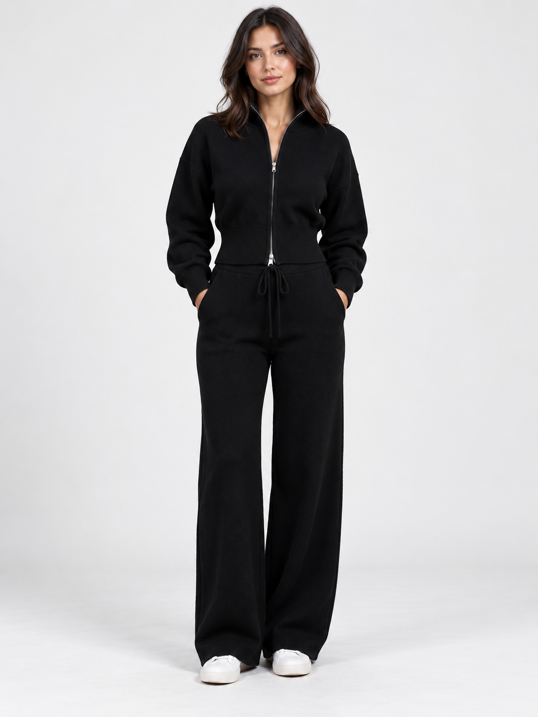 Women's Cropped Zip Cardigan and Wide-Leg Trousers Set