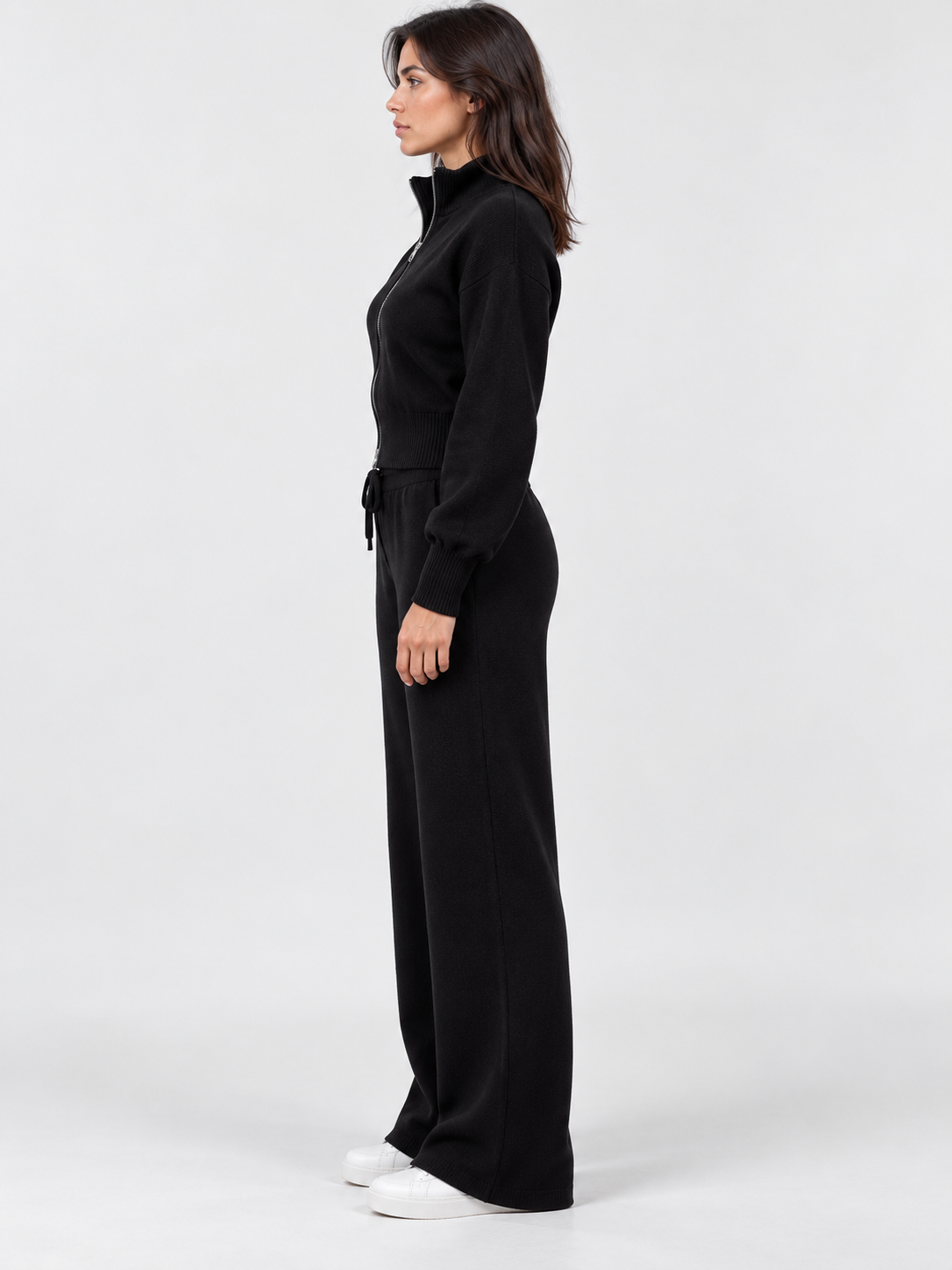 Women's Cropped Zip Cardigan and Wide-Leg Trousers Set