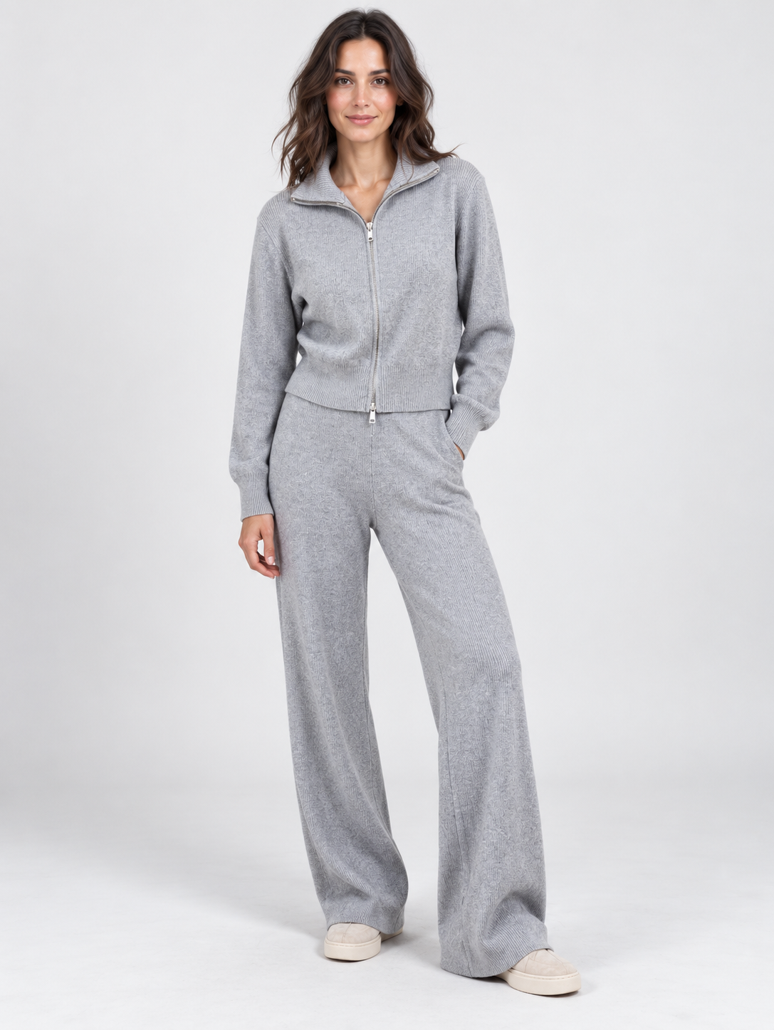 Women's Cropped Zip Cardigan and Wide-Leg Trousers Set