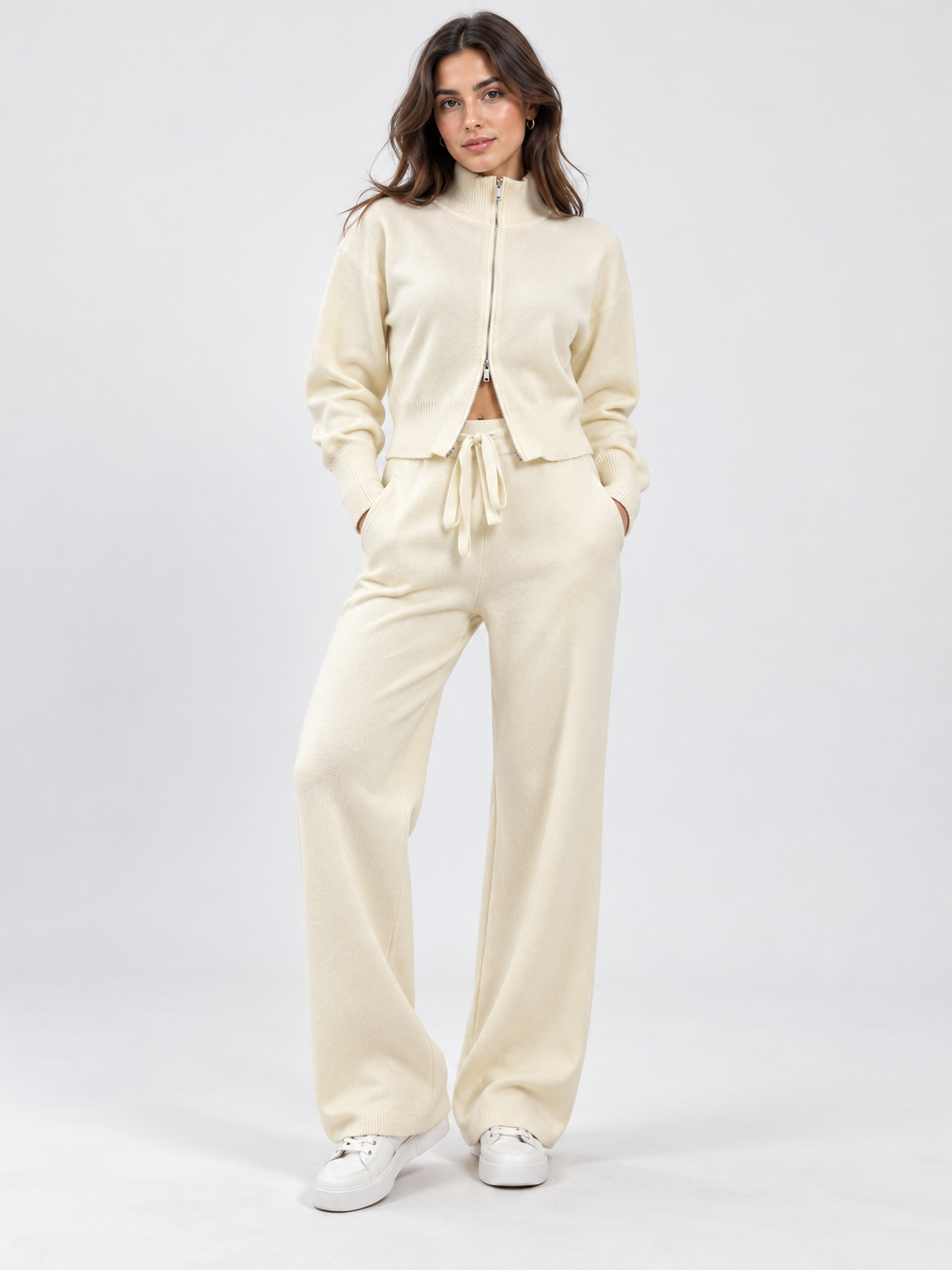 Women's Cropped Zip Cardigan and Wide-Leg Trousers Set