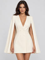 Women's Double-Breasted Cape Sleeve Blazer Midi Dress with V-Neck