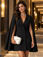 Women's Double-Breasted Cape Sleeve Blazer Midi Dress with V-Neck
