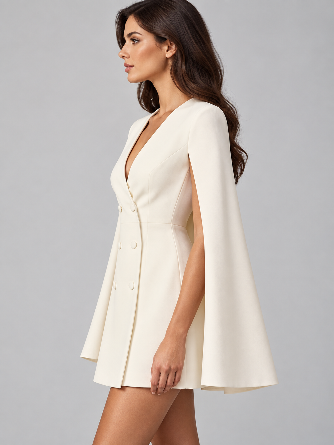 Women's Double-Breasted Cape Sleeve Blazer Midi Dress with V-Neck