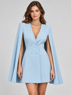 Women's Double-Breasted Cape Sleeve Blazer Midi Dress with V-Neck