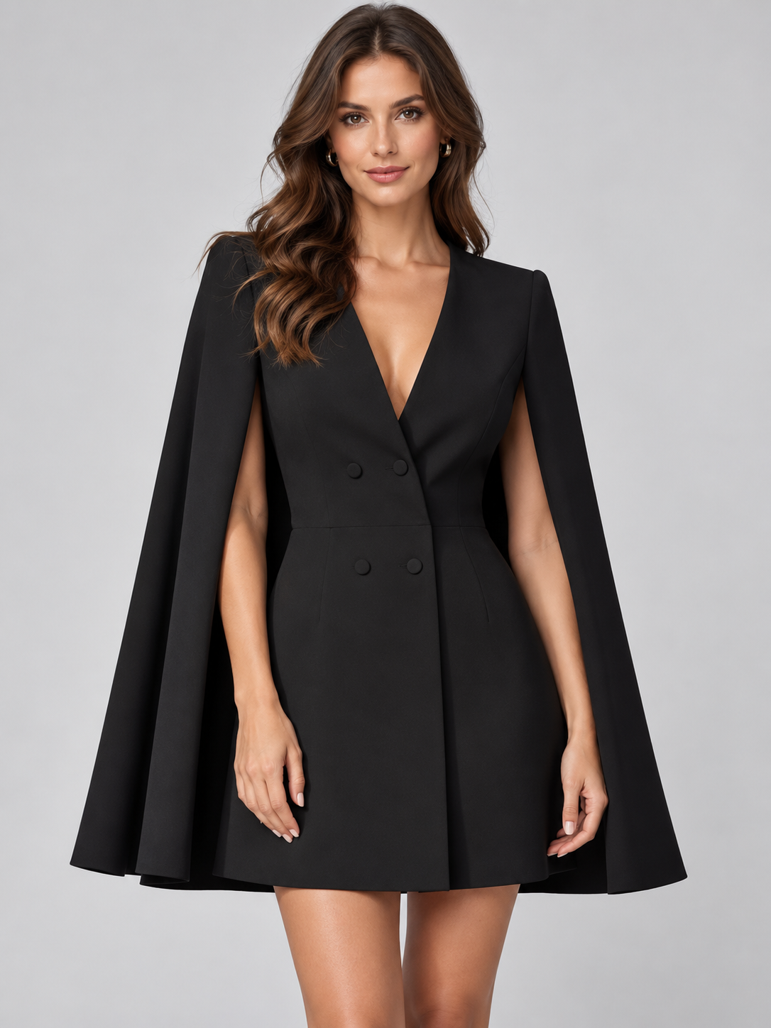 Women's Double-Breasted Cape Sleeve Blazer Midi Dress with V-Neck