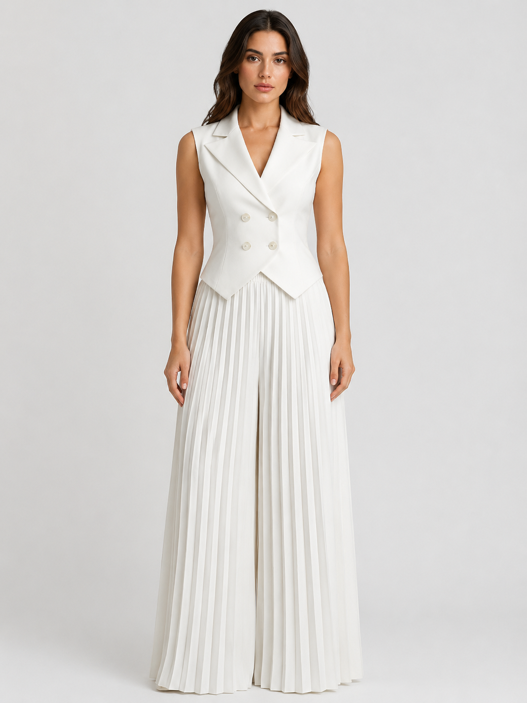Women’s Double-Breasted Waistcoat Set with Pleated Wide-Leg Trousers