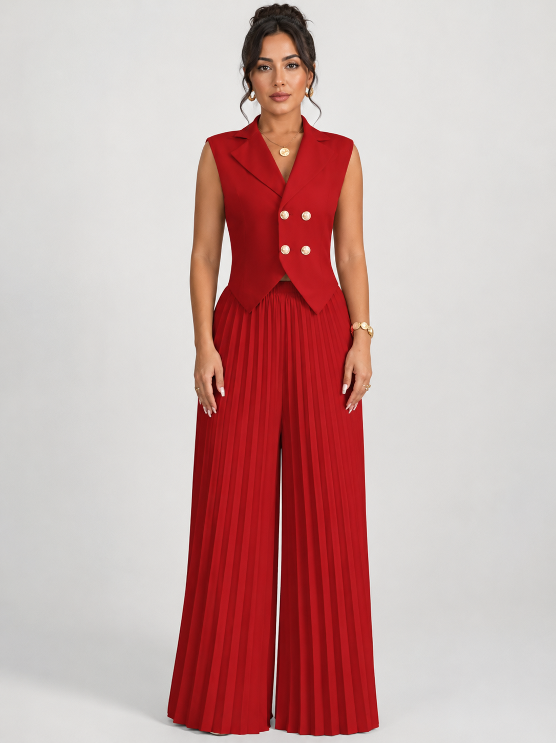 Women’s Double-Breasted Waistcoat Set with Pleated Wide-Leg Trousers