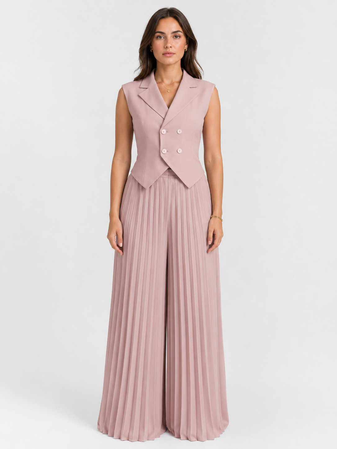 Women’s Double-Breasted Waistcoat Set with Pleated Wide-Leg Trousers