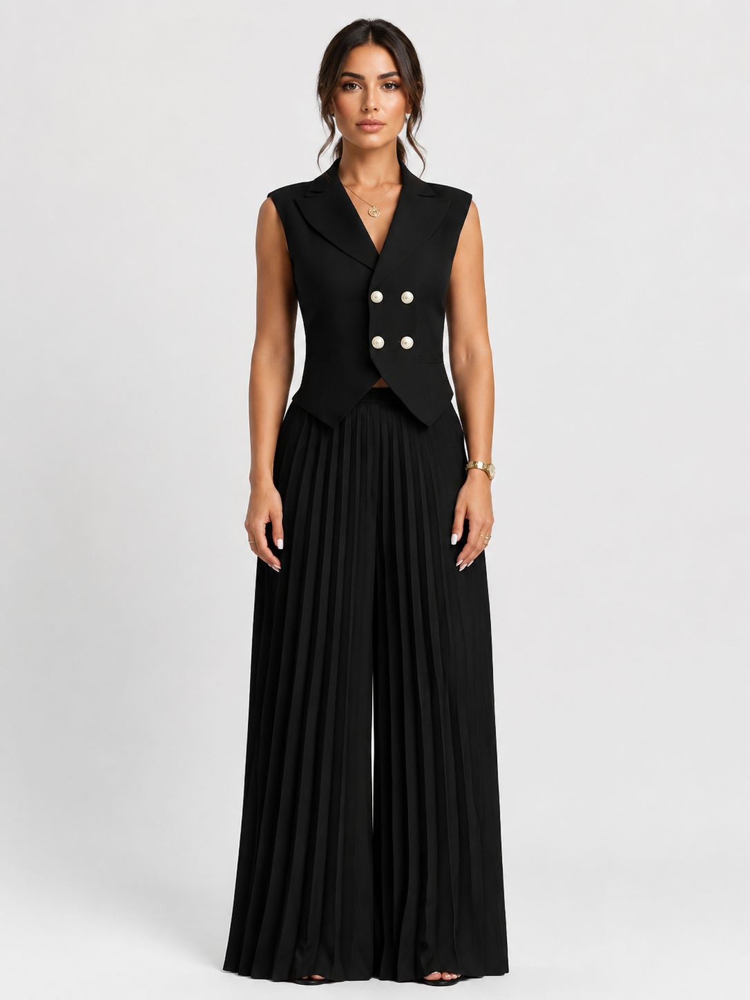 Women’s Double-Breasted Waistcoat Set with Pleated Wide-Leg Trousers