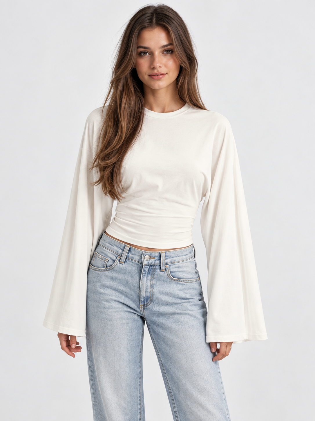 Women's Flare Long-Sleeve Cropped Round Neck Top