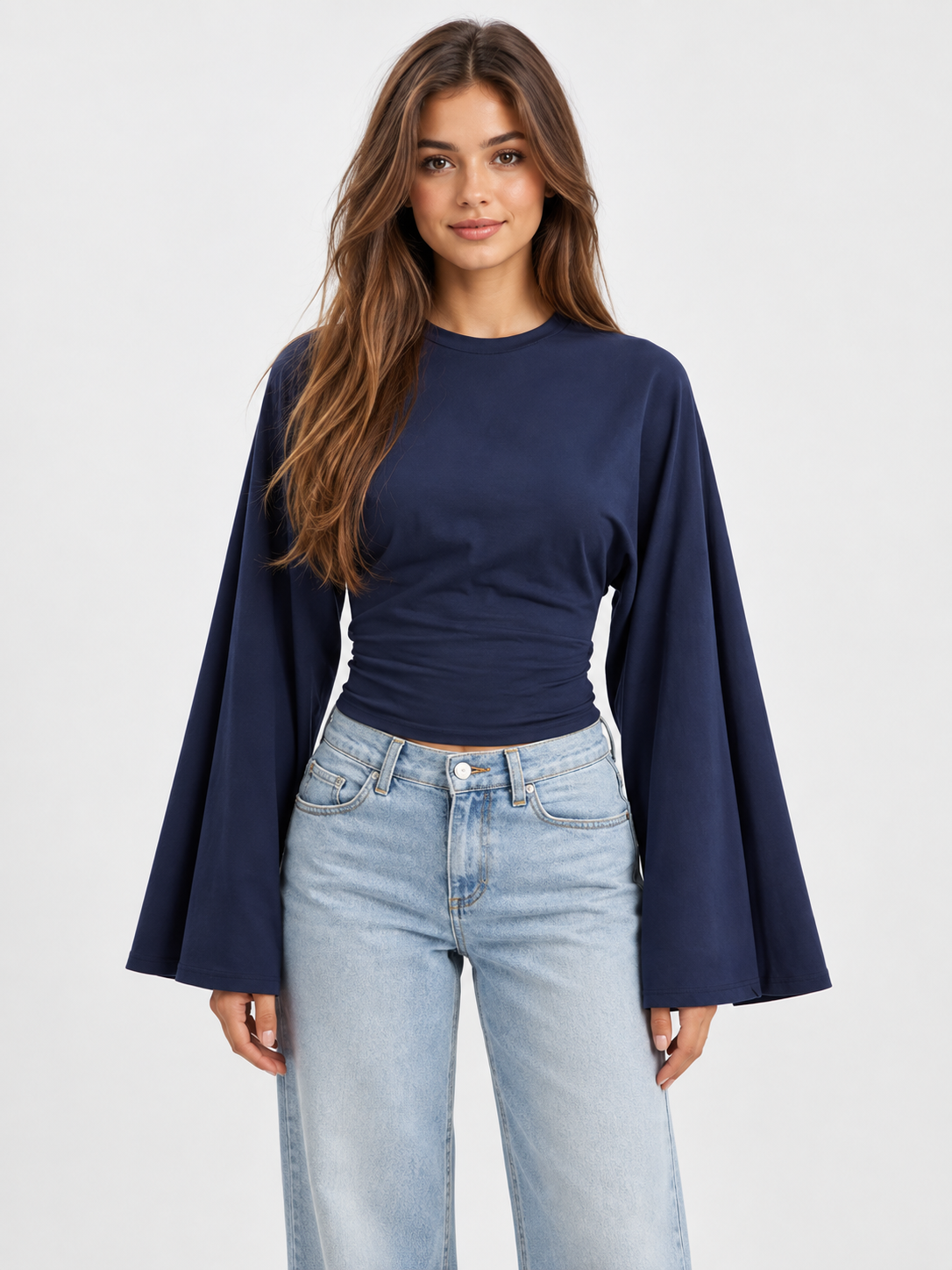 Women's Flare Long-Sleeve Cropped Round Neck Top