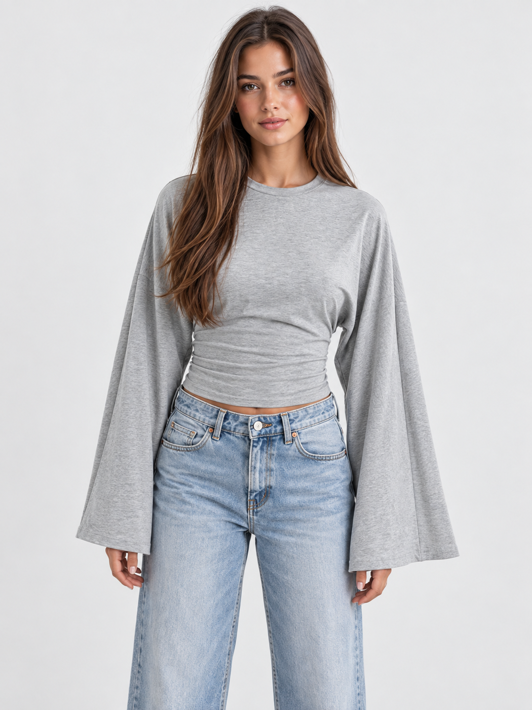 Women's Flare Long-Sleeve Cropped Round Neck Top