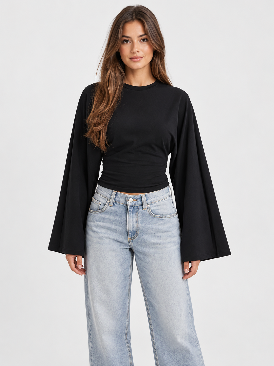 Women's Flare Long-Sleeve Cropped Round Neck Top