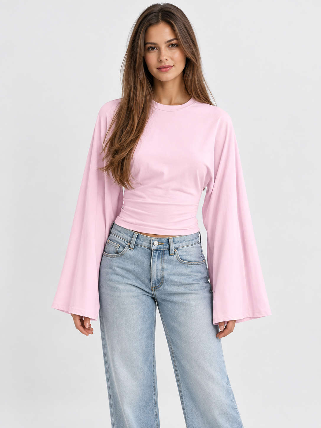 Women's Flare Long-Sleeve Cropped Round Neck Top