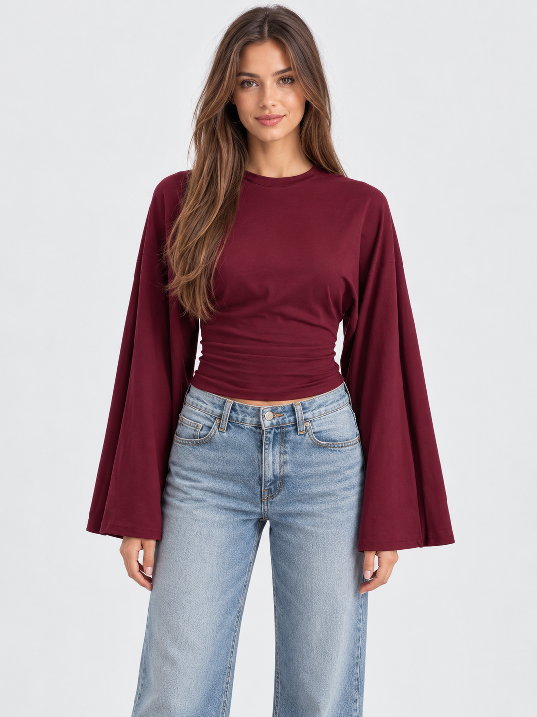 Women's Flare Long-Sleeve Cropped Round Neck Top