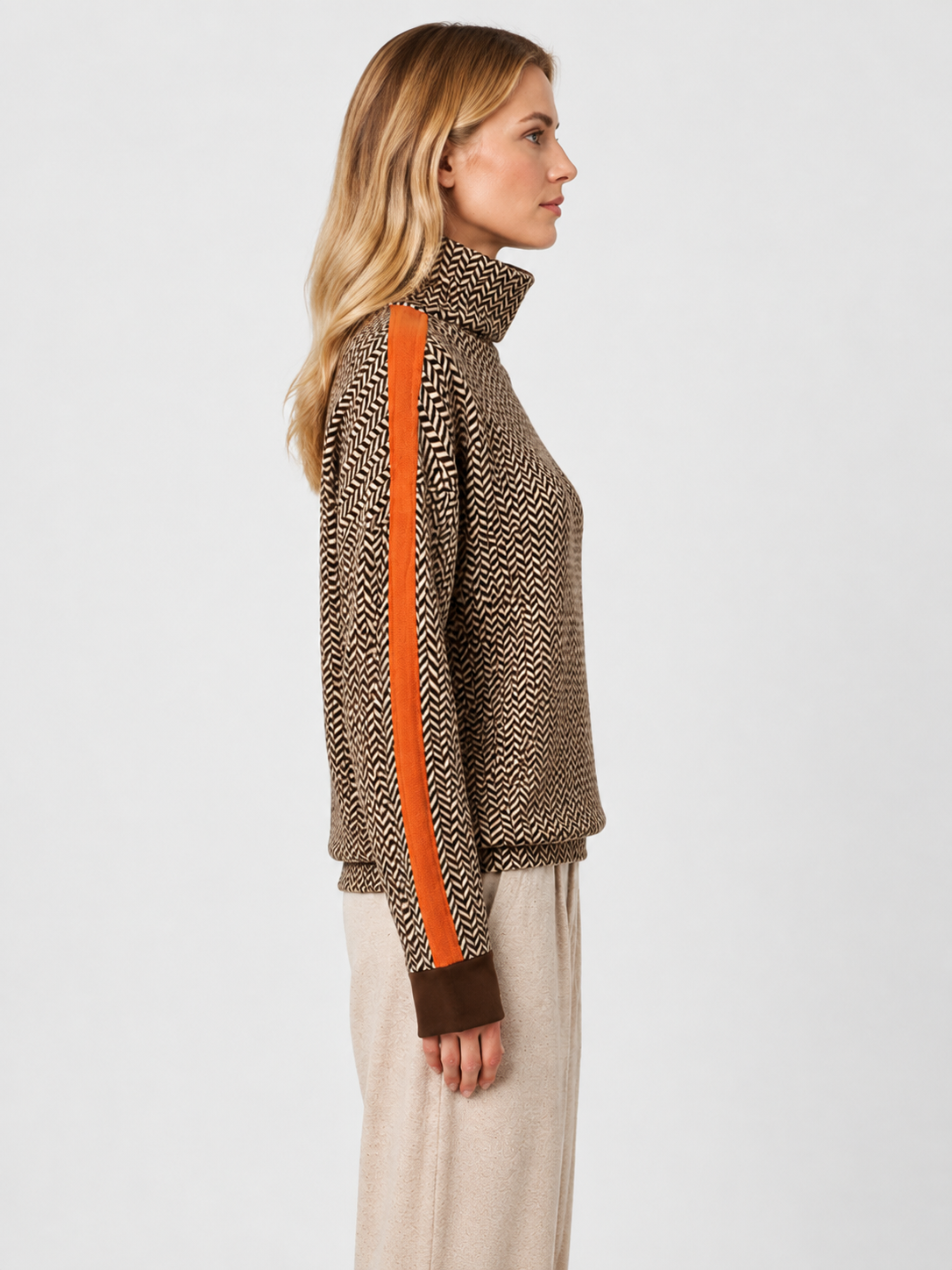 Women’s Herringbone Turtleneck Jumper with Contrast Sleeves