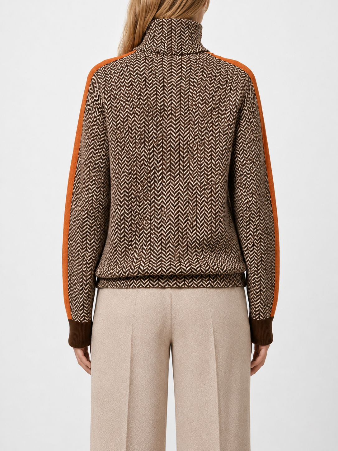 Women’s Herringbone Turtleneck Jumper with Contrast Sleeves