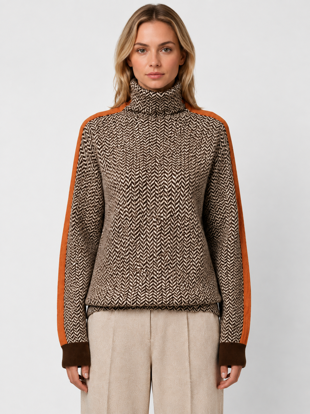 Women’s Herringbone Turtleneck Jumper with Contrast Sleeves