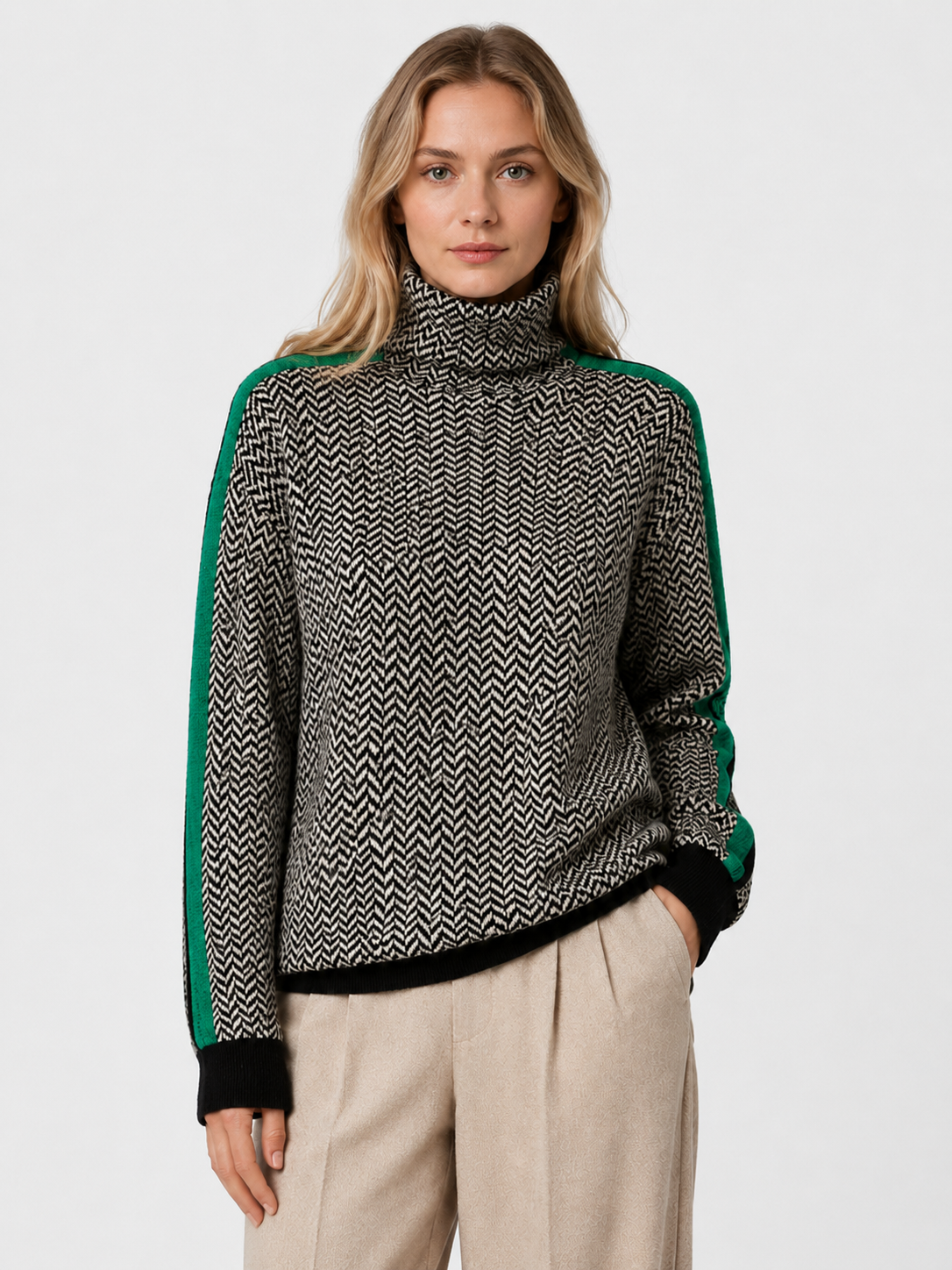 Women’s Herringbone Turtleneck Jumper with Contrast Sleeves