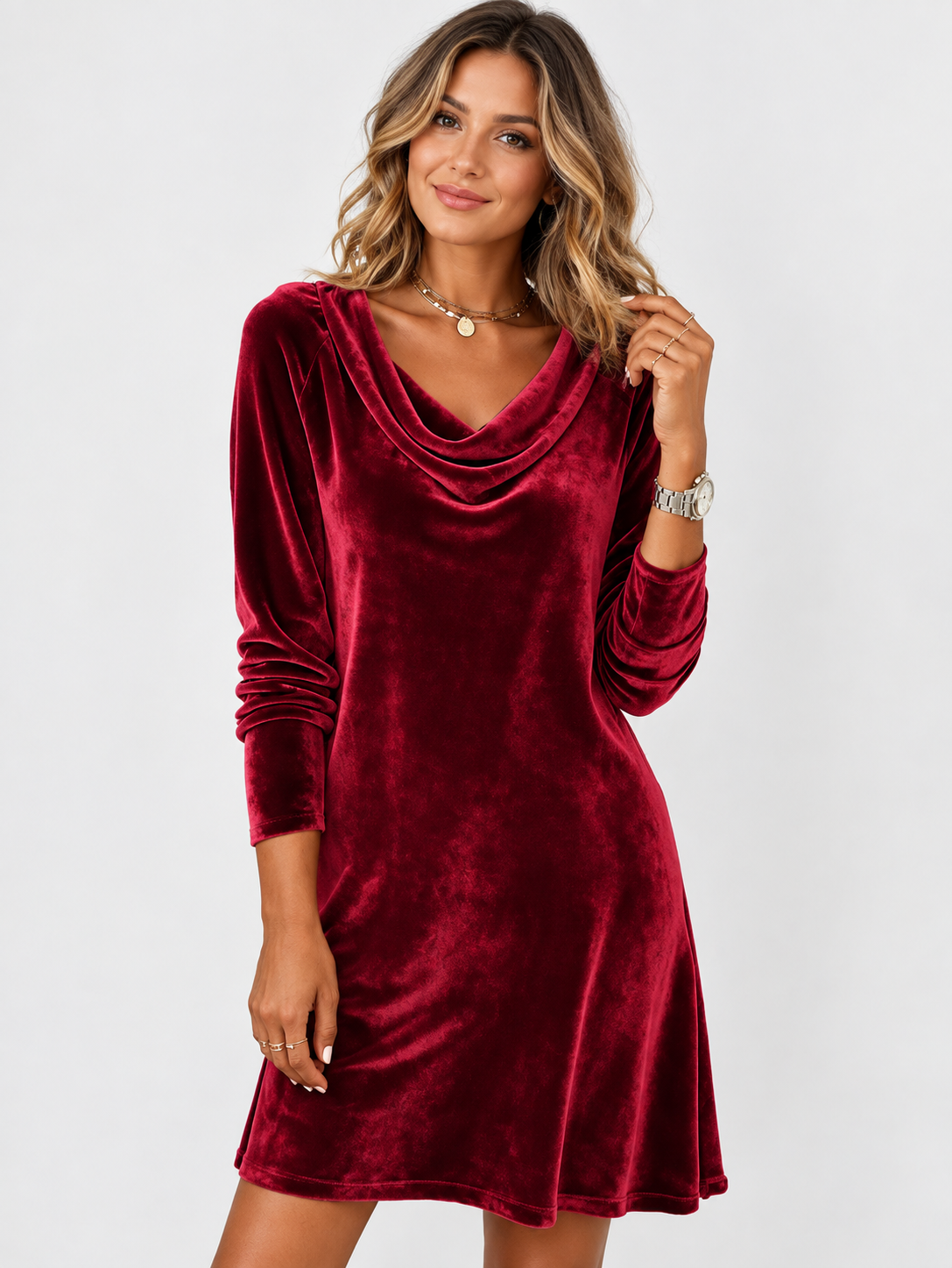 Women's High-Neck Long-Sleeve Midi Dress
