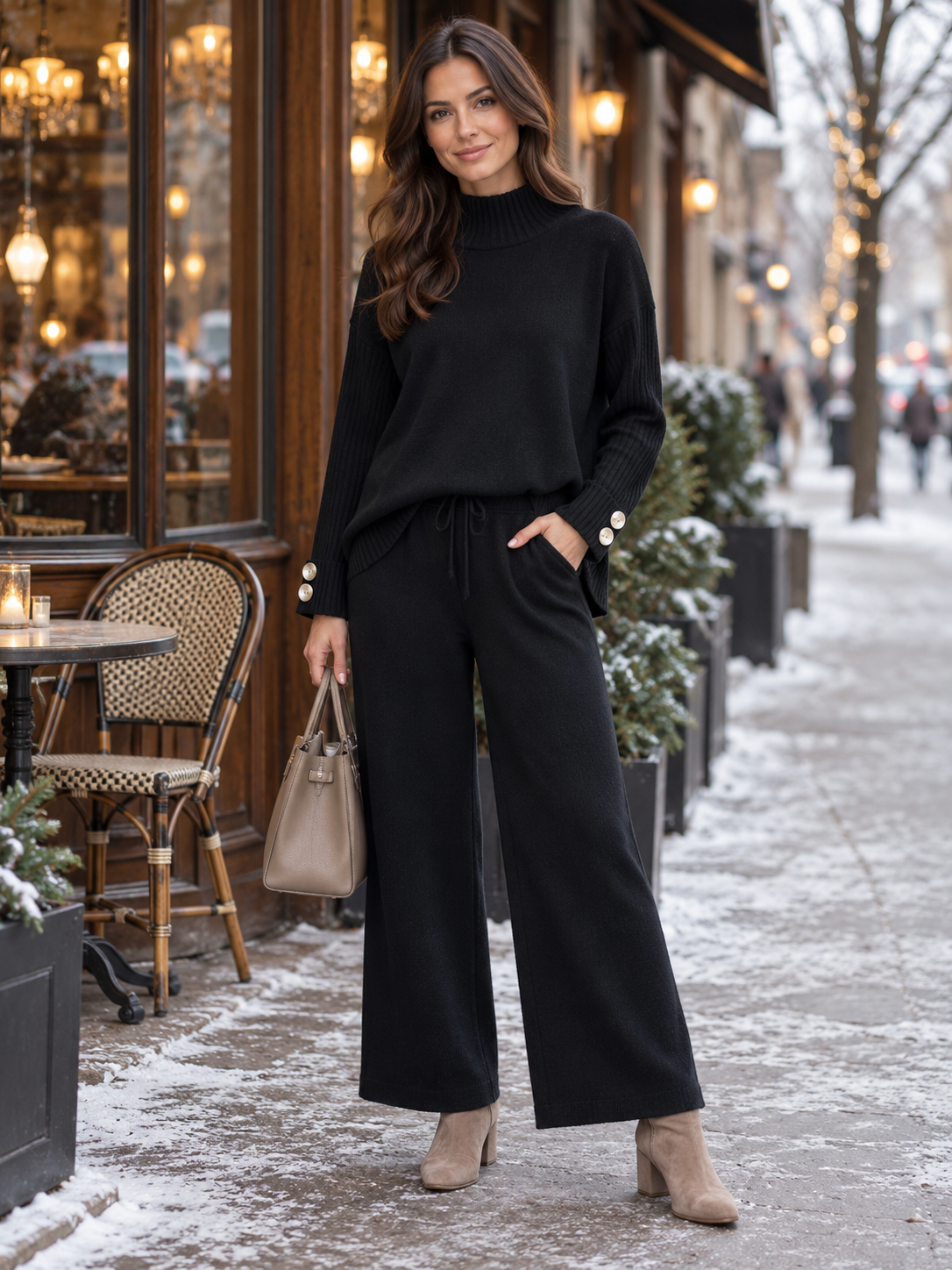 Women's High-Neck Pullover Top and Trousers Set