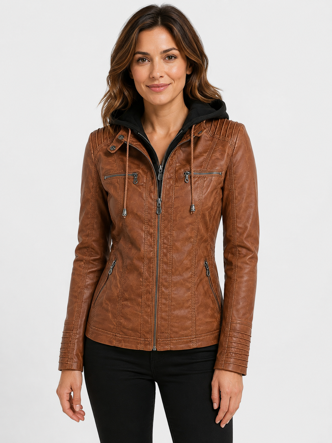 Women’s Hooded Biker Jacket with Zip Pockets