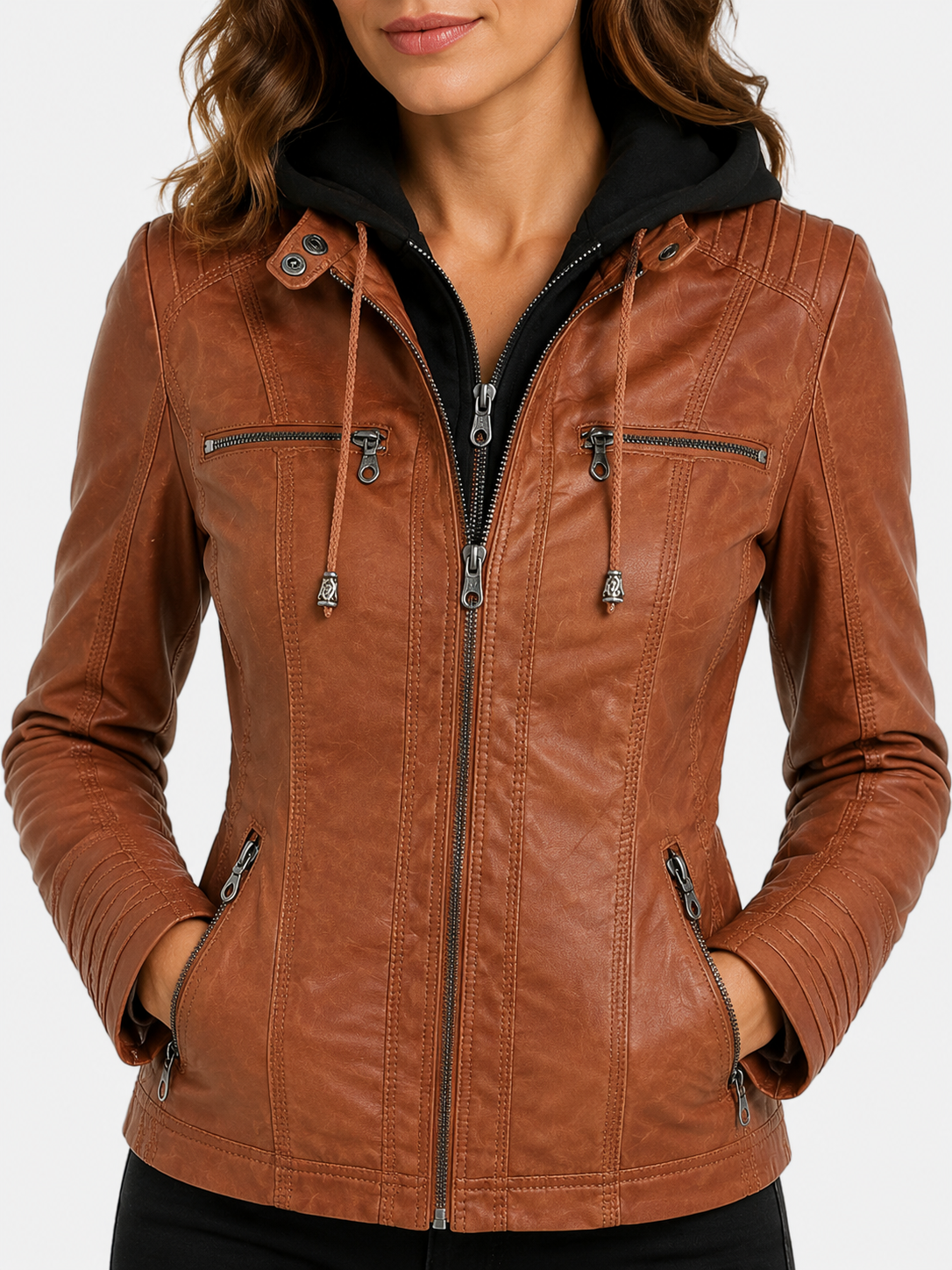 Women’s Hooded Biker Jacket with Zip Pockets