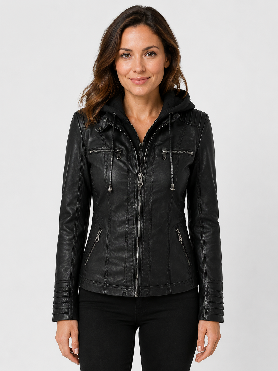Women’s Hooded Biker Jacket with Zip Pockets