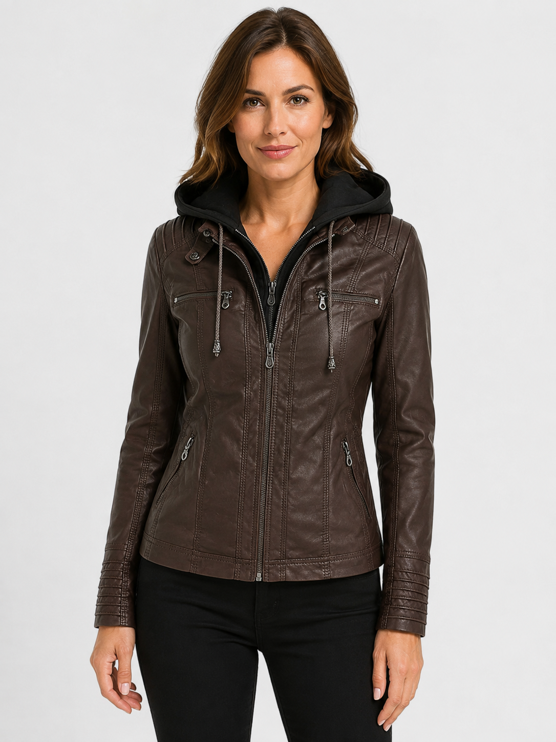 Women’s Hooded Biker Jacket with Zip Pockets