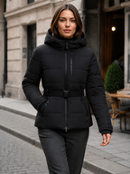 Women’s Hooded Puffer Jacket with Waist Belt