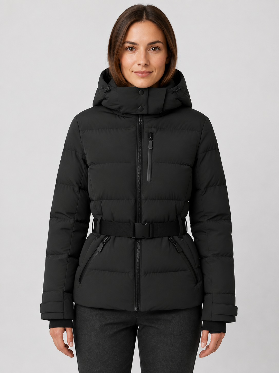 Women’s Hooded Puffer Jacket with Waist Belt